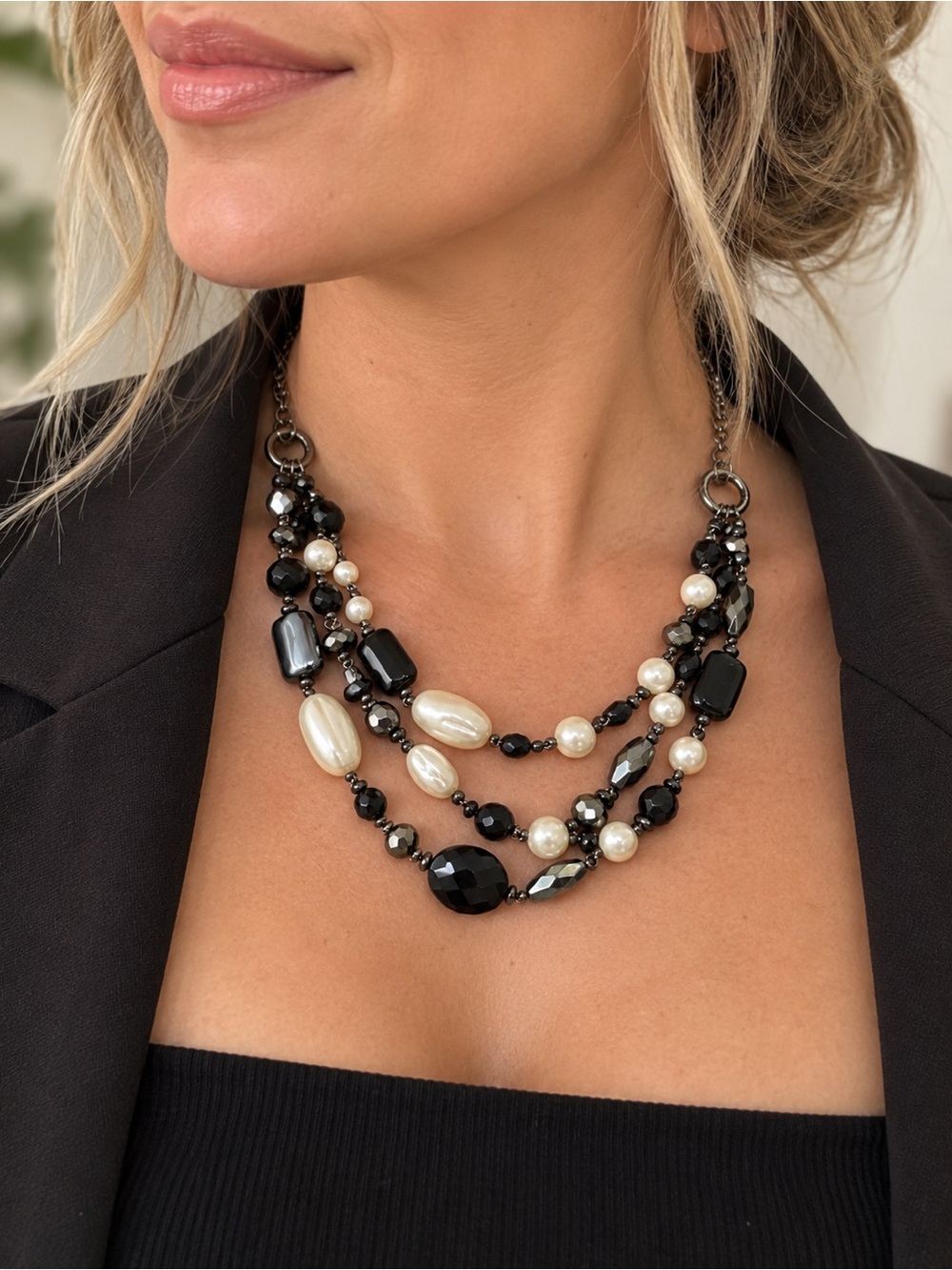 Black & Pearl Multi-Strand Statement Necklace Gunmetal Tone Adjustable